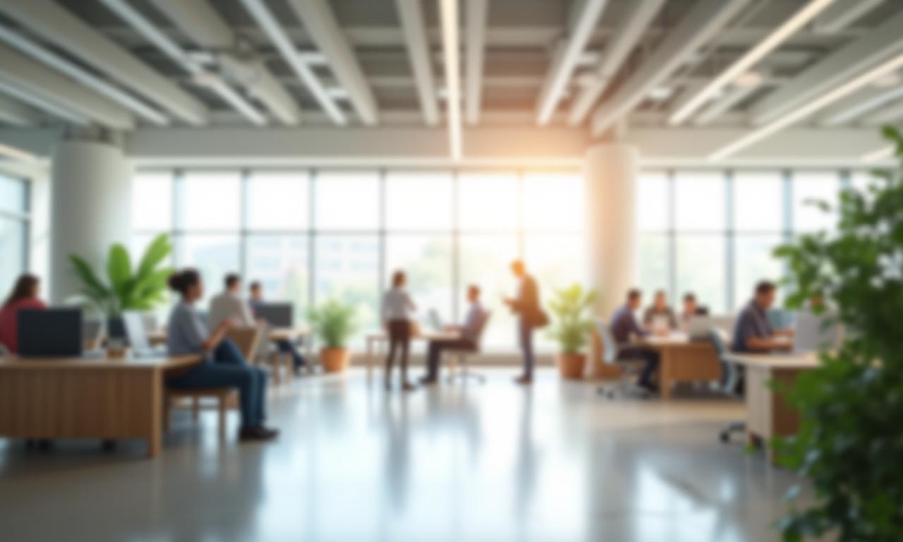 Modernt och ljust kontorslandskap där kollegor samarbetar under en arbetsdag.